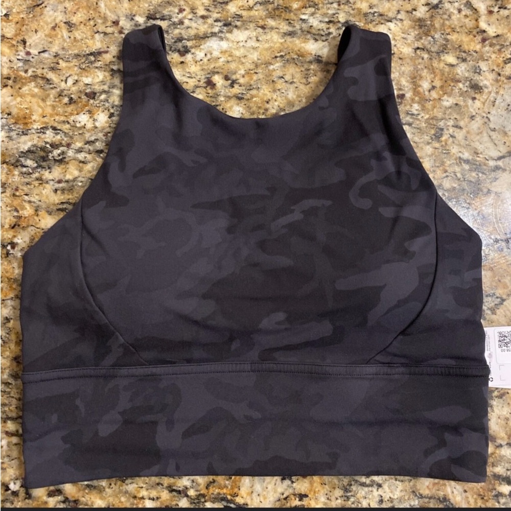 Lululemon stronger as one long line bra, medium, black, and gray camo